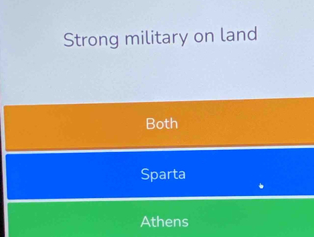 Strong military on land
Both
Sparta
Athens