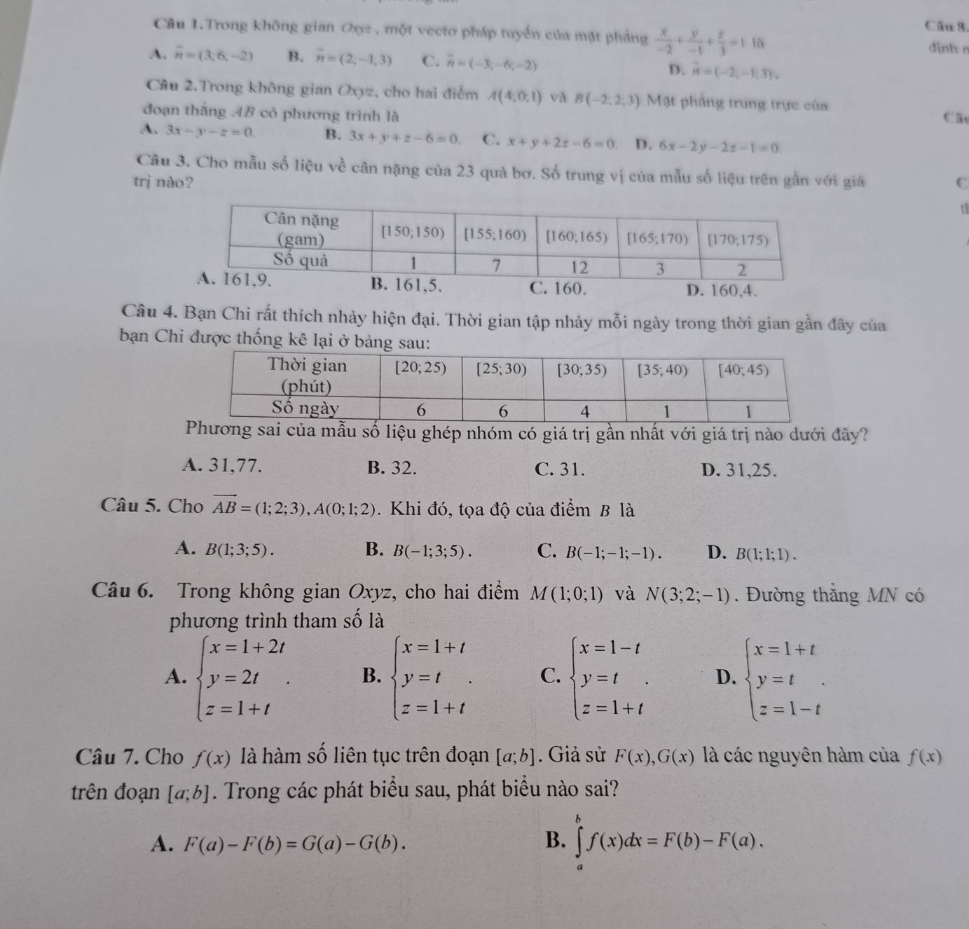 Câu 1.Trong không gian Oxz , một vectơ pháp tuyển của mặt phảng  x/-2 + y/-1 + z/3 =1 là djnh n
A. overline n=(3;6,-2) B. overline n=(2,-1,3) C. vector n=(-3,-6,-2)
D. vector n=(-2,-1,3).
Câu 2.Trong không gian Oxyz, cho hai điểm A(4,0,1) vǎ B(-2,2,3) Mặt phẳng trung trực của Cãt
đoạn thắng 4B có phương trình là
A. 3x-y-z=0. B. 3x+y+z-6=0. C. x+y+2z-6=0 D. 6x-2y-2z-1=0
Câu 3. Cho mẫu số liệu về cân nặng của 23 quả bơ. Số trung vị của mẫu số liệu trên gần với giá
trị nào? C
t
Câu 4. Bạn Chi rất thích nhảy hiện đại. Thời gian tập nhảy mỗi ngày trong thời gian gần đây của
bạn Chi được thống kê lại ở bảng sau:
Phương sai của mẫu số liệu ghép nhóm có giá trị gần nhất với giá trị nào dưới đây?
A. 31,77. B. 32. C. 31. D. 31,25.
Câu 5. Cho vector AB=(1;2;3),A(0;1;2). Khi đó, tọa độ của điểm B là
A. B(1;3;5). B. B(-1;3;5). C. B(-1;-1;-1). D. B(1;1;1).
Câu 6. Trong không gian Oxyz, cho hai điểm M(1;0;1) và N(3;2;-1). Đường thắng MN có
phương trình tham số là
A. beginarrayl x=1+2t y=2t z=1+tendarray. . B. beginarrayl x=1+t y=t z=1+tendarray. C. beginarrayl x=1-t y=t z=1+tendarray. D. beginarrayl x=1+t y=t z=1-tendarray.
Câu 7. Cho f(x) là hàm số liên tục trên đoạn [a;b]. Giả sử F(x),G(x) là các nguyên hàm của f(x)
trên đoạn [a;b]. Trong các phát biểu sau, phát biểu nào sai?
A. F(a)-F(b)=G(a)-G(b). B. ∈tlimits _a^bf(x)dx=F(b)-F(a).