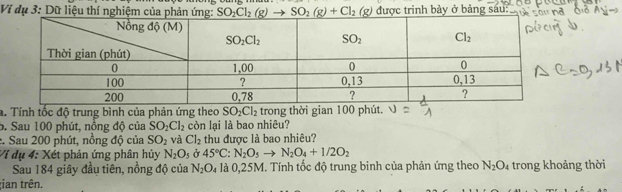 Vi dụ 3: Dữ liệu thí ng SO_2Cl_2(g)to SO_2(g)+Cl_2(g) được trinh bày ở bảng sáu:
a. Tính tốc độ trung bình của phản ứng theo SO_2Cl_2 trong thời gian 100 phút.
b. Sau 100 phút, nồng độ của SO_2Cl_2 còn lại là bao nhiêu?
e. Sau 200 phút, nồng độ của SO_2 và Cl_2 thu được là bao nhiêu?
Vi dụ 4: Xét phản ứng phân hủy N_2O_5 Ở 45°C:N_2O_5to N_2O_4+1/2O_2
Sau 184 giây đầu tiên, nồng độ của N_2O_4 là 0,25M. Tính tốc độ trung binh của phản ứng theo N_2O_4 trong khoảng thời
;ian trên.