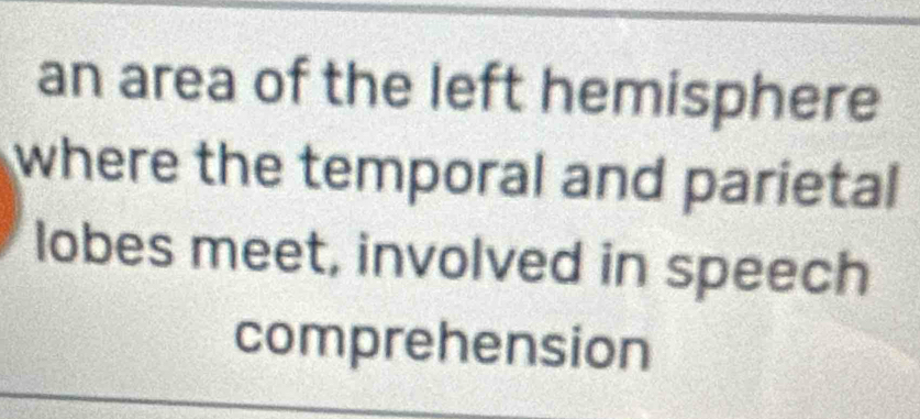 an area of the left hemisphere 
where the temporal and parietal 
lobes meet, involved in speech 
comprehension