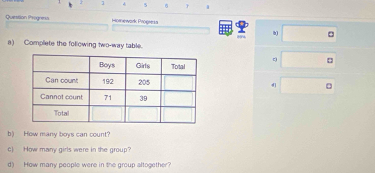 1 2 3 4 5 6 7 B 
Question Progress Homework Progress 
89% b) : 
a) Complete the following two-way table. 
c) 4
d) + 
b) How many boys can count? 
c) How many girls were in the group? 
d) How many people were in the group altogether?