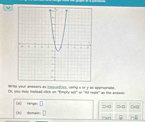 tne graph of a parabola 
` 
Write your answers as inequalities, using x or y as appropriate. 
Or, you may instead click on "Empty set" or "All reals" as the answer. 
(a) range: □
□ □ >□ □ ≤ □
(b) domain: □
□ ≥ □ _ □  □  □ /□  