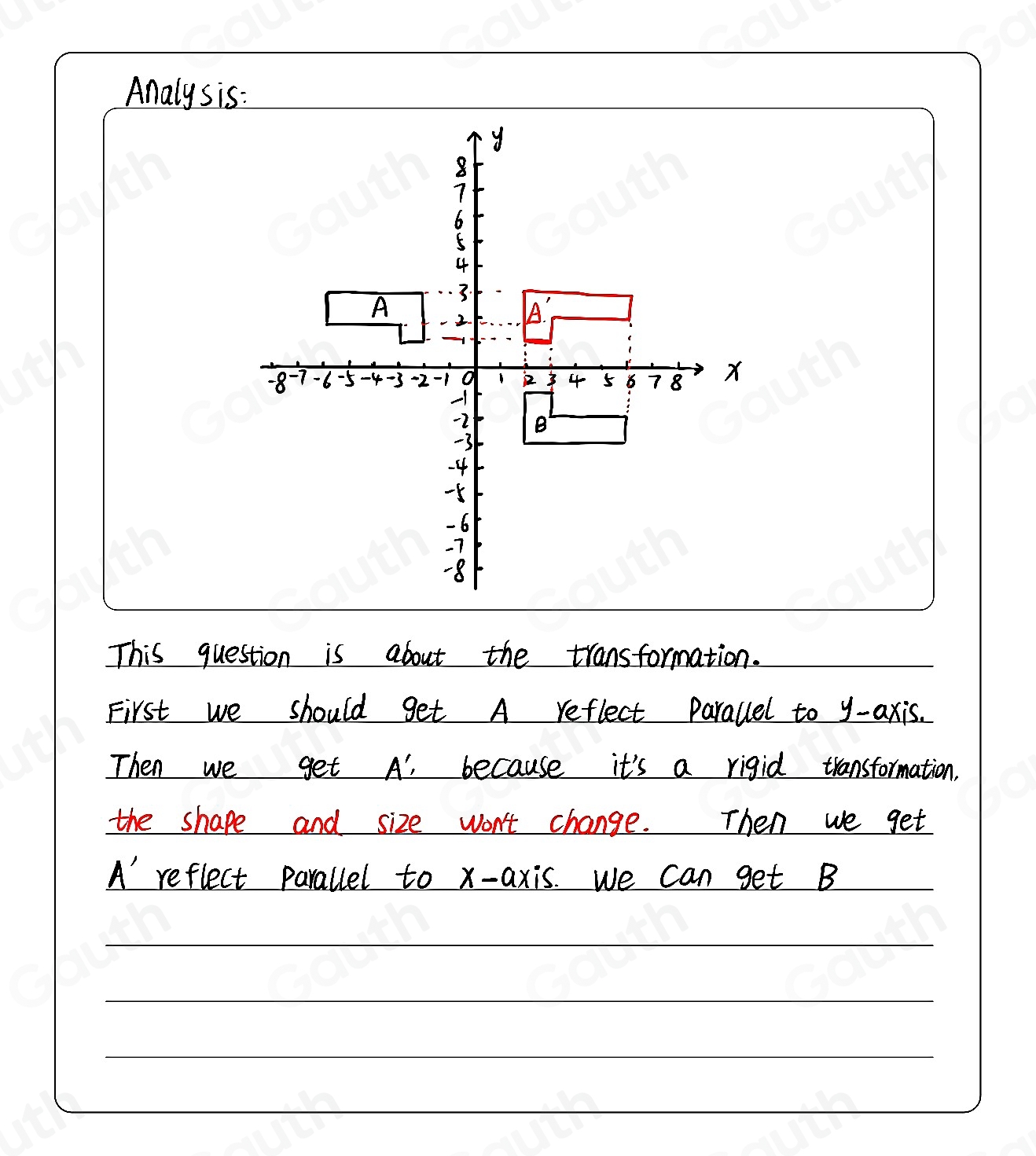 Analy sis: 
This question is about the transformation. 
First we should get A reflect parallel to y-axis. 
Then we get A' because it's a rigid transformation. 
the shape and size won't change. Then we get 
A' reflect parallel to x-axis. We can get B