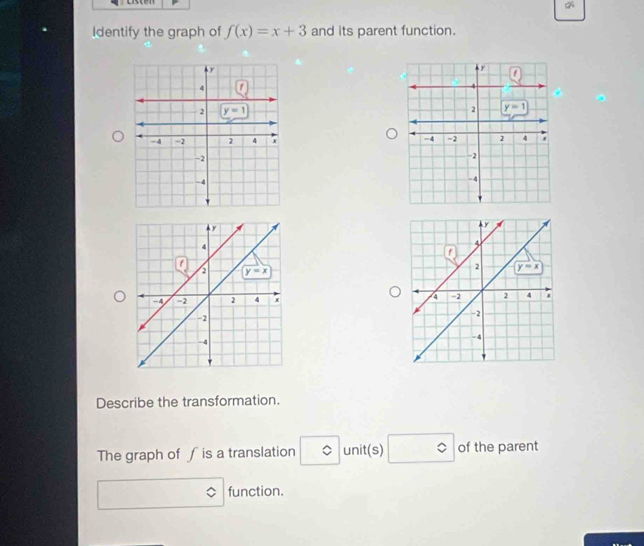 Identify the graph of f(x)=x+3 and its parent function.
Describe the transformation.
The graph of ∫ is a translation unit(s) of the parent
function.