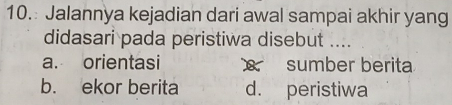 Jalannya kejadian dari awal sampai akhir yang
didasari pada peristiwa disebut ....
a. orientasi sumber berita
b. ekor berita d. peristiwa