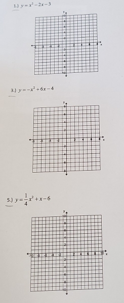 1.] y=x^2-2x-3
3. y=-x^2+6x-4
5.) y= 1/4 x^2+x-6