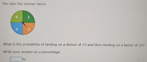 You spin the spinner twice.
4 1
3 2
What is the probability of landing on a divisor of 15 and then landing on a factor of 15? 
Write your answer as a percentage.
□ %