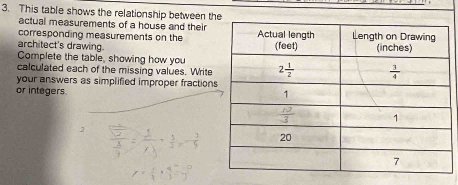 This table shows the relationship between th
actual measurements of a house and their
corresponding measurements on the
architect's drawing. 
Complete the table, showing how you
calculated each of the missing values. Write
your answers as simplified improper fractions
or integers
2