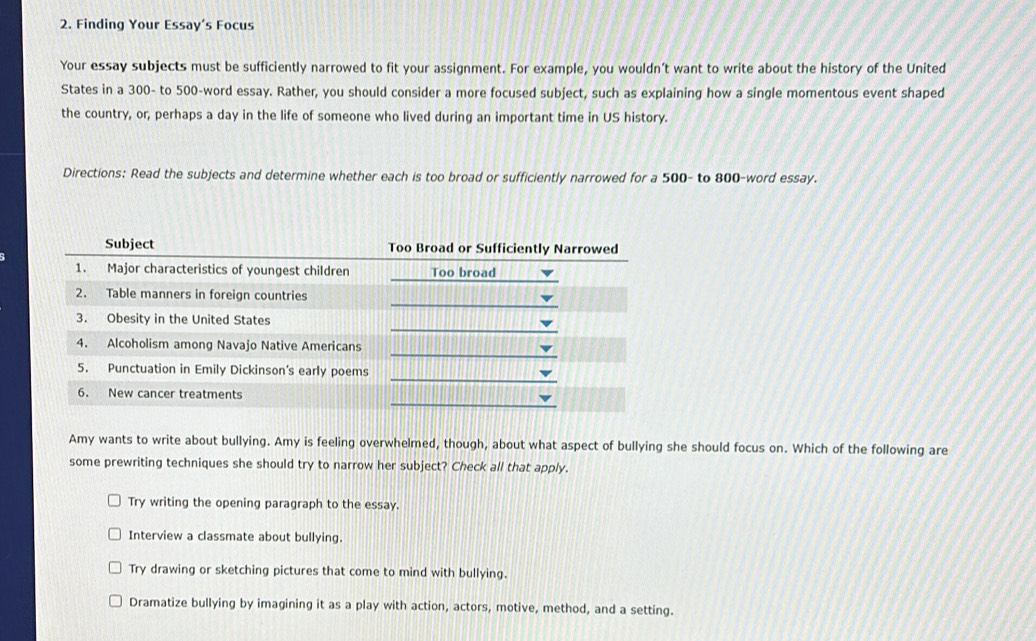 Solved: Finding Your Essay’s Focus Your essay subjects must be ...