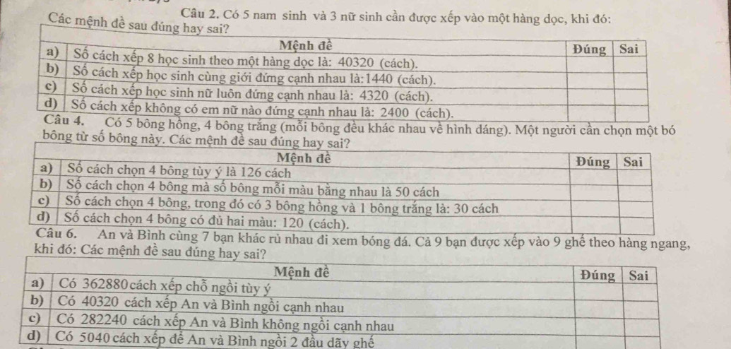 Có 5 nam sinh và 3 nữ sinh cần được xếp vào một hàng dọc, khi đó: 
Các mệnh đề sau đ 
m bóng đá. Cả 9 bạn được xếp vào 9 ghế theo hàng ngang, 
khi đó: Các mệ