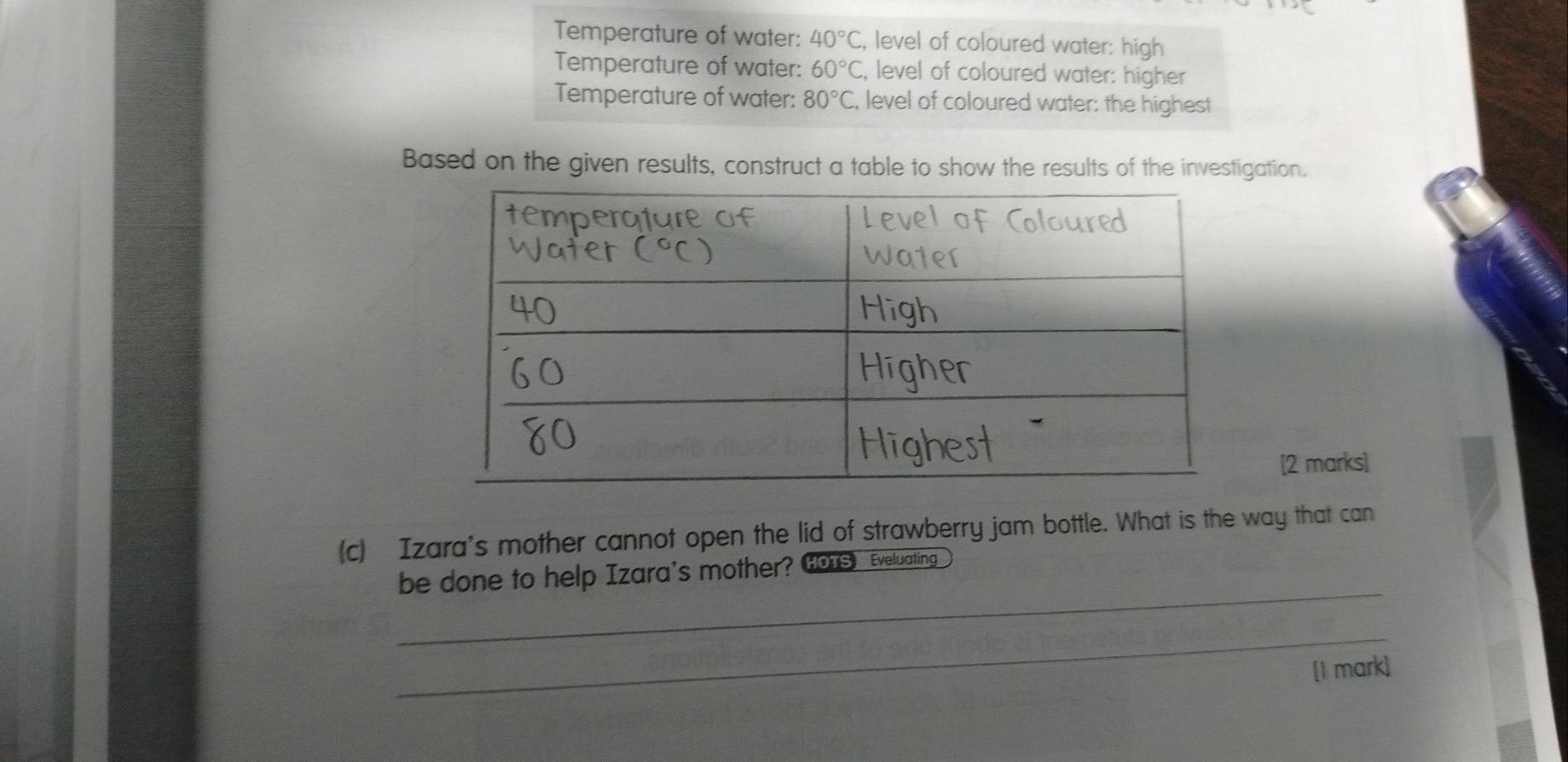 Temperature of water: 40°C , level of coloured water: high
Temperature of water: 60°C , level of coloured water: higher
Temperature of water: 80°C , level of coloured water: the highest
Based on the given results, construct a table to show the results of the investigation.
[2 marks]
(c) Izara's mother cannot open the lid of strawberry jam bottle. What is the way that can
_
be done to help Izara's mother? GOTS Eveluating
_
[I mark]