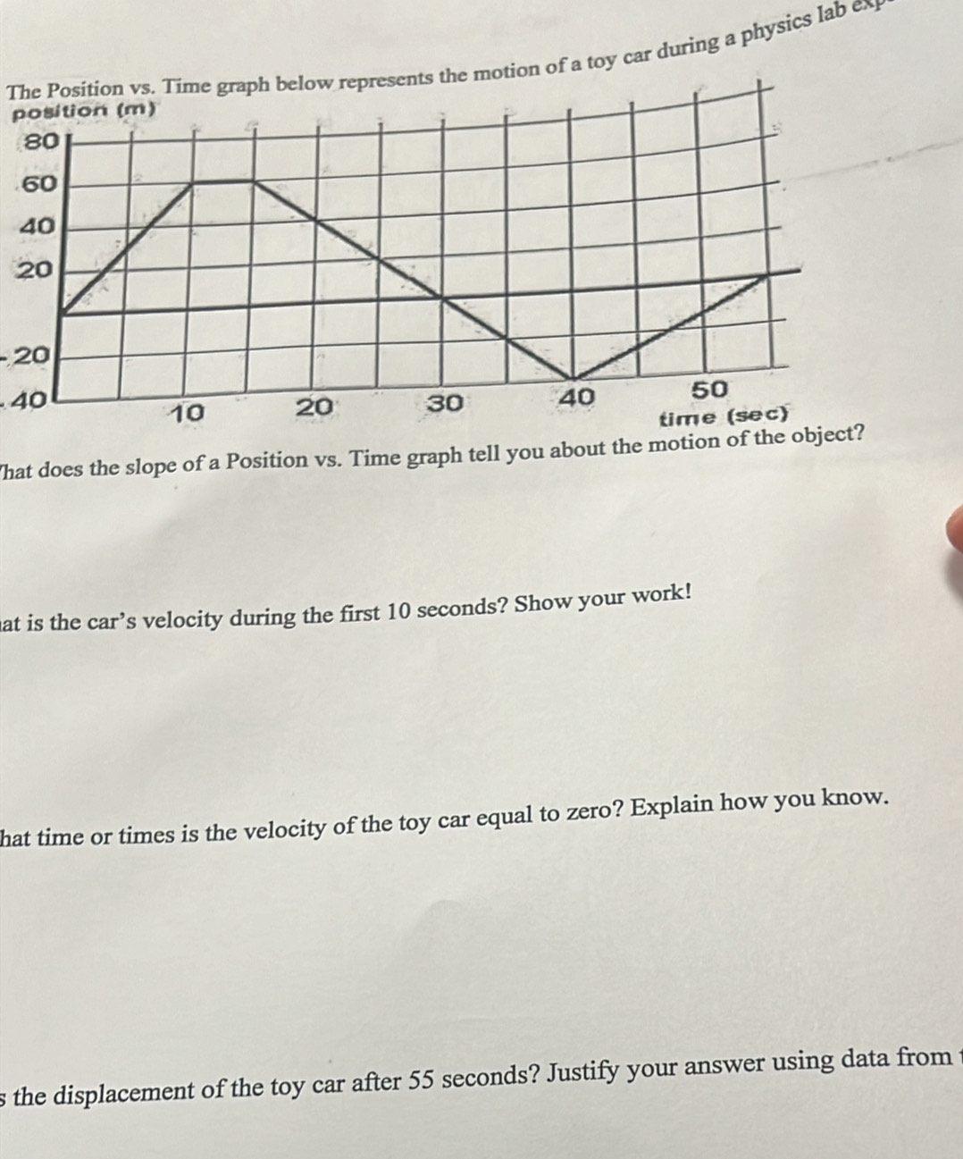 The Position vs. Time graph below represents the motion of a toy car during a physics lab ex 
position (m)
- 20
40
What does the slope of a Position vs. Time graph tell you about the motion of the object? 
hat is the car’s velocity during the first 10 seconds? Show your work! 
hat time or times is the velocity of the toy car equal to zero? Explain how you know. 
s the displacement of the toy car after 55 seconds? Justify your answer using data from