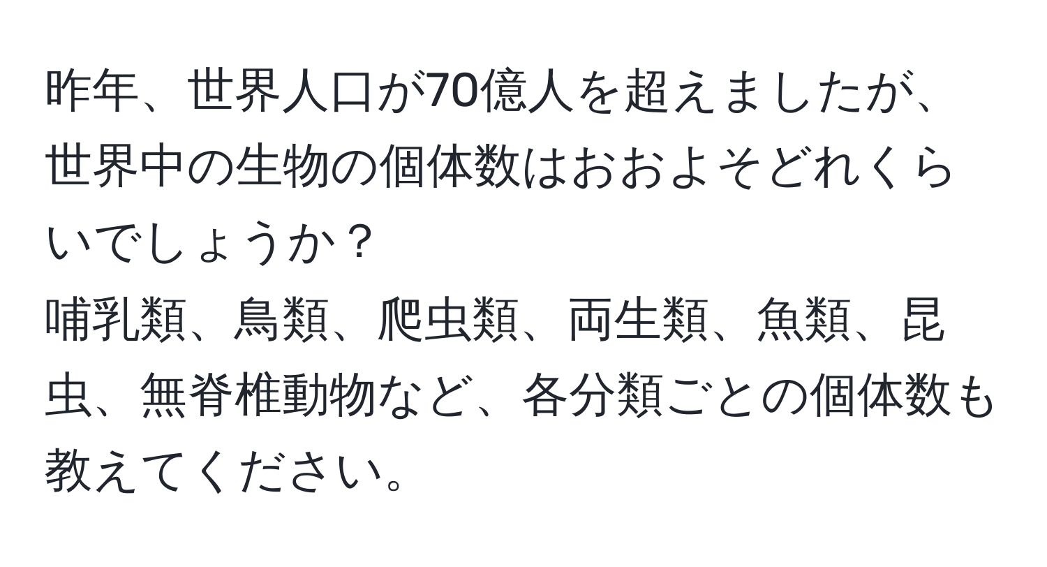 昨年、世界人口が70億人を超えましたが、世界中の生物の個体数はおおよそどれくらいでしょうか？  
哺乳類、鳥類、爬虫類、両生類、魚類、昆虫、無脊椎動物など、各分類ごとの個体数も教えてください。