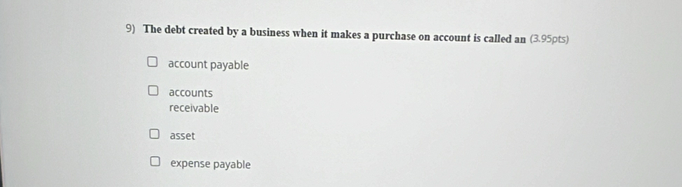 The debt created by a business when it makes a purchase on account is called an (3.95pts)
account payable
accounts
receivable
asset
expense payable