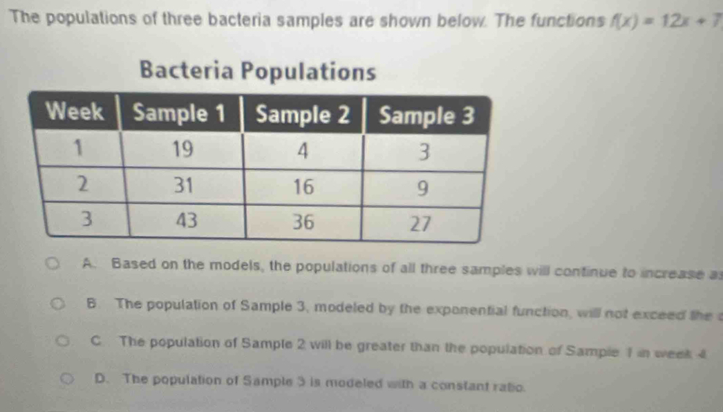 The populations of three bacteria samples are shown below. The functions f(x)=12x+7
Bacteria Populations
A. Based on the models, the populations of all three samples will continue to increase a
B. The population of Sample 3, modeled by the exponential function, will not exceed the
C The population of Sample 2 will be greater than the population of Sample 1 in week 4
D. The population of Sample 3 is modeled with a constant ratio.