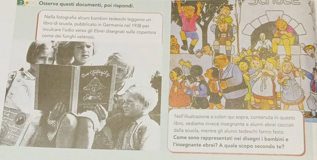 0○○ Osserva questi documenti, poi rispondi. 
Nella fotografia alcuni bambini tedeschi leggono un 
libro di scuola, pubblicato in Germania nel 1938 per 
inculcare l’odio verso gli Ebrei disegnati sulla copertina 
o, vediamo invece insegnante e alunni ebrei cacciati 
a scuola, mentre gli alunni tedeschi fanno festa 
me sono rappresentati nei disegni i bambini e 
egnante ebrei? A quale scopo secondo te?