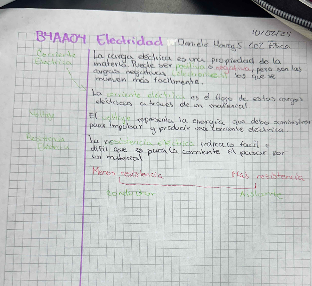 10102125 
BAAOH Electridad Dartelat Monrys 2o2 tisca 
dorriente La carga electrica eo ora propiedad de la 
Ehectyica materla Ruece ser pasilao negata, pero son les 
cargas negativas (elechonce s bs aese 
moeven mas facilmente. 
La orignle glectica es elflgo de estao cargas 
electricels afraves de on material. 
NolHase 
El gld ye represena la energia aue debo soministron 
para impulsar y producir once lorriente elecctrica. 
Rebistehila ha revitendid elefica indicalo fecil o 
Eecrica difil aue es para(a corriente el pcpar oor 
on material 
Menos resistencia Wa's resistendia 
kondddar Nistae