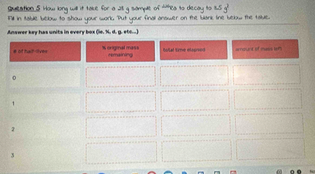 How long it take for a 28. 
a to 
sompe 
final answer on the blank line below the table. 
Answer key has units in every box (ie. %. d. g. etc...) 
# of halt-lives % original mass total time elapsed amount of mass lef! 
remaining 
。 
1 
2 
3
f40