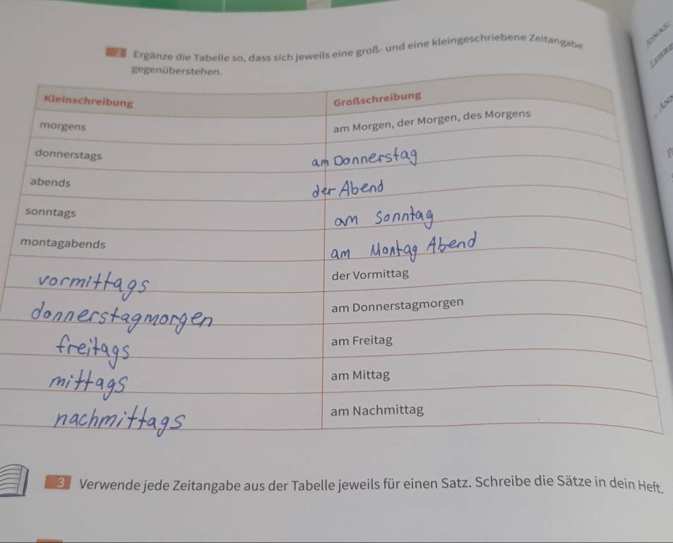 Ergänze die Tabelle so, dass sich jeweils eine groß- und eine kleingeschriebene Zeitangabe onas 
An 
d Verwende jede Zeitangabe aus der Tabelle jeweils für einen Satz. Schreibe die Sätze in dein Heft.