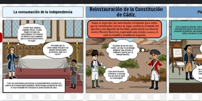 La consumación de la independencia Reinstauración de la Constitución Pla 
de Cádiz. 
Como se esperaba, las autoridades virreínales para evitar 
ue la constitución entrara en vigor, confiaron el mando del Itumige prossamó el Plan de l Con et apove de Vicente, jefes 
jercito a don Agustín de Iturbide, quien lanzó sus fuerzas 
ontra Vicente Guerrero, esperando una pronta remnin, lo prapanía estaorecar una monar Cádiz, reconocer ta ds 
cual no resultó y decidieron negociar 
i turnide yo no me vay a 
rendir: así que te propóngo negociar una alsanza y 
combatir cuntos por la 
inde de ndencia 
No 
Esta bien Vicente, 
ger 
sellemos la alianza omu abrato a sab 
en Acatempan