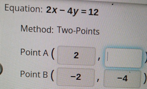 Equation: 2x-4y=12
Method: Two-Points 
Point A ( 2 
Point B ( -2
-4