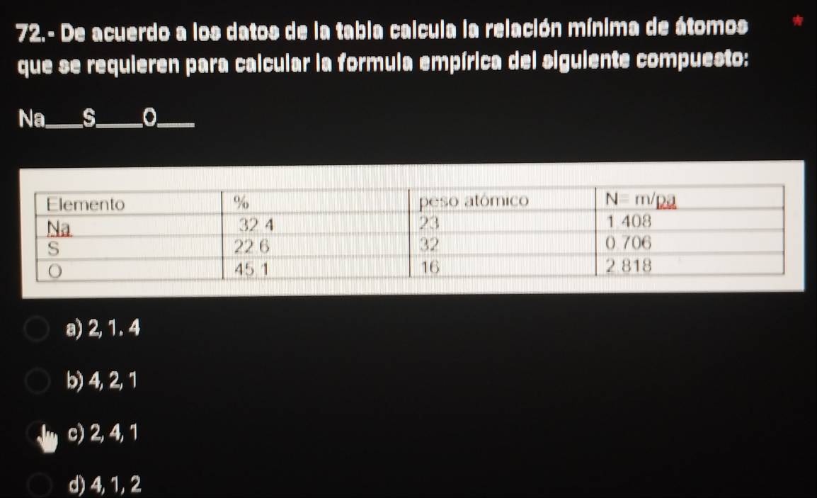 72.- De acuerdo a los datos de la tabla calcula la relación mínima de átomos
que se requieren para calcular la formula empírica del siguiente compuesto:
Na_ s_ o_
a) 2, 1. 4
b) 4, 2, 1
c) 2, 4, 1
d) 4, 1, 2