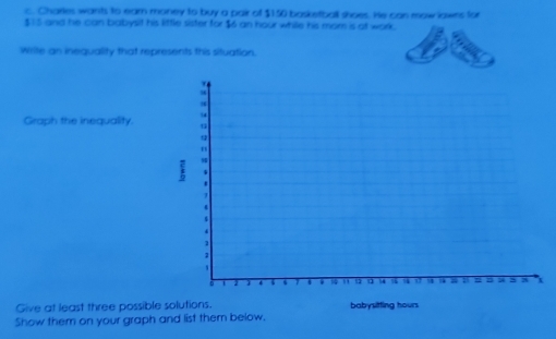 Charles wants to eam money to buy a pair of $150 basketball shoes. He can mow lawns for
$ 15 and he can babysit his little sister for $6 an hour while his mom is at work. 
Write an inequality that represents this situation. 
Graph the inequality. 
Give at least three possible solutions. babysitting hours
Show them on your graph and list them below.