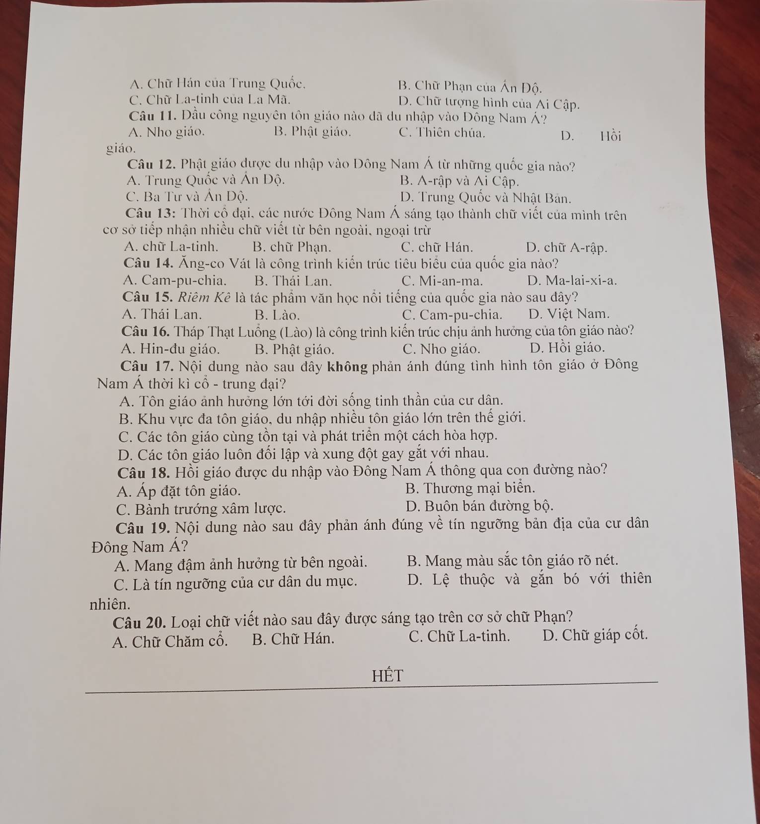 A. Chữ Hán của Trung Quốc. B. Chữ Phạn của Ấn Độ.
C. Chữ La-tinh của La Mã. D. Chữ tượng hình của Ai Cập.
Câu 11. Đầu công nguyên tôn giáo nào đã du nhập vào Đông Nam Á?
A. Nho giáo. B. Phật giáo. C. Thiên chúa. D. Hồi
giáo.
Câu 12. Phật giáo được du nhập vào Đông Nam Á từ những quốc gia nào?
A. Trung Quốc và Ấn Độ. B. A-rập và Ai Cập.
C. Ba Tư và Ân Dộ. D. Trung Quốc và Nhật Bản.
Câu 13: Thời cổ đại, các nước Đông Nam Á sáng tạo thành chữ viết của mình trên
cơ sở tiếp nhận nhiều chữ viết từ bên ngoài, ngoại trừ
A. chữ La-tinh. B. chữ Phạn. C. chữ Hán. D. chữ A-rập.
Câu 14. Ăng-co Vát là công trình kiến trúc tiêu biểu của quốc gia nào?
A. Cam-pu-chia. B. Thái Lan. C. Mi-an-ma. D. Ma-lai-xi-a.
Câu 15. Riêm Kê là tác phẩm văn học nổi tiếng của quốc gia nào sau đây?
A. Thái Lan. B. Lào. C. Cam-pu-chia. D. Việt Nam.
Câu 16. Tháp Thạt Luồng (Lào) là công trình kiến trúc chịu ảnh hưởng của tôn giáo nào?
A. Hin-đu giáo. B. Phật giáo. C. Nho giáo. D. Hồi giáo.
Câu 17. Nội dung nào sau đây không phản ánh đúng tình hình tôn giáo ở Đông
Nam Á thời kì cổ - trung đại?
A. Tôn giáo ảnh hưởng lớn tới đời sống tinh thần của cư dân.
B. Khu vực đa tôn giáo, du nhập nhiều tôn giáo lớn trên thế giới.
C. Các tôn giáo cùng tồn tại và phát triển một cách hòa hợp.
D. Các tôn giáo luôn đối lập và xung đột gay gắt với nhau.
Câu 18. Hồi giáo được du nhập vào Đông Nam Á thông qua con đường nào?
A. Áp đặt tôn giáo. B. Thương mại biển.
C. Bành trướng xâm lược. D. Buôn bán đường bộ.
Câu 19. Nội dung nào sau đây phản ánh đúng về tín ngưỡng bản địa của cư dân
Đông Nam Á?
A. Mang đậm ảnh hưởng từ bên ngoài. B. Mang màu sắc tôn giáo rõ nét.
C. Là tín ngưỡng của cư dân du mục. D. Lệ thuộc và gắn bó với thiên
nhiên.
Câu 20. Loại chữ viết nào sau đây được sáng tạo trên cơ sở chữ Phạn?
A. Chữ Chăm cổ.  B. Chữ Hán. C. Chữ La-tinh. D. Chữ giáp cốt.
HÉT