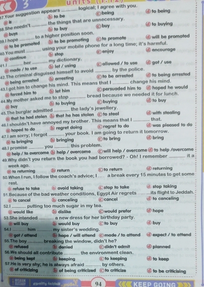 logical; I agree with you. ④ to being
37.Your suggestion appears « 3 _units
being
⑤ to be
③is the things that are unnecessary. buy @ to buying
8 She needn't_
⑥ to buy
@ buys
39 I hope _to a higher position soon.
@ to be promoted ⑤ to be promoting  to promote d will be promoted
using your mobile phone for a long time; it's harmful. ④ encourage
40.You must_
⑥ stop © enjoy
= continue
41.1_ her_ my dictionary. © allowed / to use ④ got / use
@ made / to use ⑤ let / using
42.The criminal disguised himself to avoid _C to be arrested by the police.  to being arrested 
@ being arrested 6 arresting
43.I got him to change his mind. This means that I _change his mind. @ hoped he would
@ forced him to ⑮ let him ⑥ persuaded him to
44.My mother asked me to stop _bread because we needed it for lunch.
45.The burglar admitted @ buy ⑥ to buying © buying ④ to buy
the lady's jewellery.
@ that he had stolen ⑤ that he has stolen C to steal  with stealing
46 I shouldn't have annoyed my brother. This means that I _that.
hoped to do ⑤ regret doing C regret to do  was pleased to do
47.I am sorry; I forgot _your book. I am going to return it tomorrow. d bring
@ to bringing ⑤ bringing © to bring
48.l promise _you _this problem.
@ help / to overcome ⑰ help / overcome [ will help / overcome @ to help /overcome
49.Why didn't you return the book you had borrowed? - Oh! I remember _it a
week ago.
@ to returning ⓑ return to return @ returning
50.When I run, I follow the coach's advice; I a break every 15 minutes to get some
rest.
refuse to take ⑥ avoid taking ⑥stop to take @ stop taking
51.Because of the bad weather conditions, Egypt Air regrets _its flight to Jeddah.
to cancel @ canceling  cancel to canceling
52.1 _putting too much sugar in my tea. @ hope
would like ⓑ dislike Ⓒ would prefer
53.She intended _a new dress for her birthday party. d buy
@will buy ⑥ would buy Ⓒto buy
54.1 _him_ my sister's wedding.
@ got / attend ⑥ hope / will attend  made / to attend  expect / to attend
55.The boy _breaking the window, didn't he?
refused ⑤ denied @ didn't admit @planned
56.We should all contribute _the environment clean.
being kept keeping
57.He is very shy; he is always afraid _C to keeping by others. to keep
@ of criticizing ⑯ of being criticized to criticize to be criticising
94 Kếể KeFp G∩ing