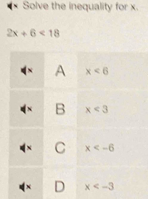 Solve the inequality for x.
2x+6<18</tex>