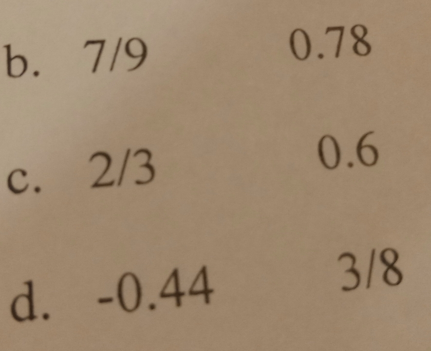 b. 7/9
0.78
c. 2/3
0.6
d. -0.44
3/8