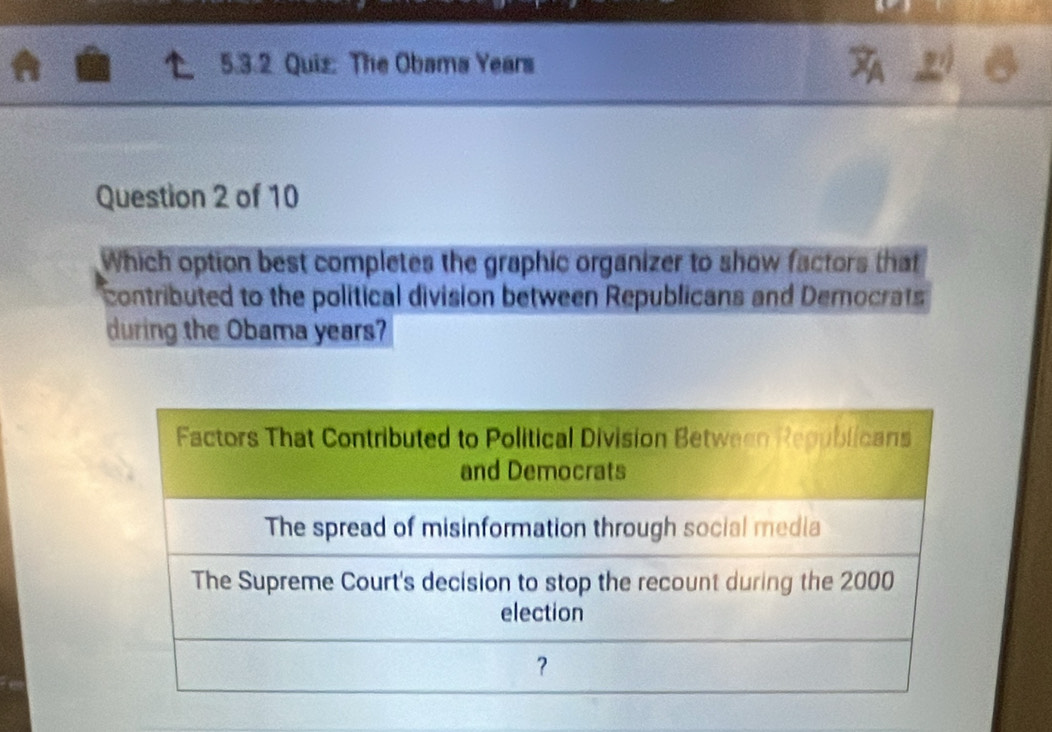 The Obama Years 
a 
Question 2 of 10 
Which option best completes the graphic organizer to show factors that 
contributed to the political division between Republicans and Democrats 
during the Obama years?