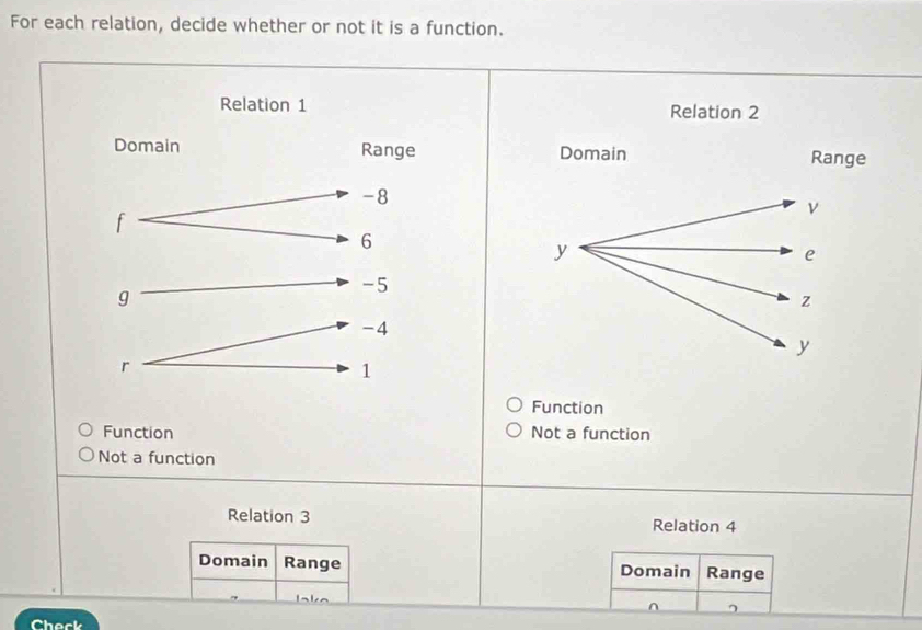 For each relation, decide whether or not it is a function.

Function
Function Not a function
Not a function
Relation 3 Relation 4
Domain Range Domain Range
lake
Check