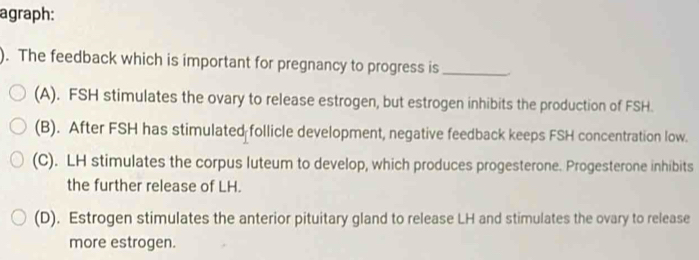 agraph:
). The feedback which is important for pregnancy to progress is_
(A). FSH stimulates the ovary to release estrogen, but estrogen inhibits the production of FSH.
(B). After FSH has stimulated follicle development, negative feedback keeps FSH concentration low.
(C). LH stimulates the corpus luteum to develop, which produces progesterone. Progesterone inhibits
the further release of LH.
(D). Estrogen stimulates the anterior pituitary gland to release LH and stimulates the ovary to release
more estrogen.