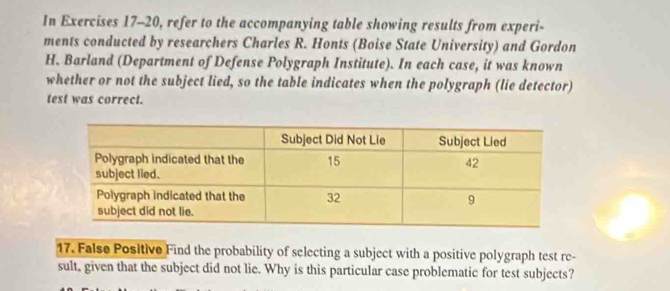 In Exercises 17-20, refer to the accompanying table showing results from experi- 
ments conducted by researchers Charles R. Honts (Boise State University) and Gordon 
H. Barland (Department of Defense Polygraph Institute). In each case, it was known 
whether or not the subject lied, so the table indicates when the polygraph (lie detector) 
test was correct. 
17. False Positive Find the probability of selecting a subject with a positive polygraph test re- 
sult, given that the subject did not lie. Why is this particular case problematic for test subjects?