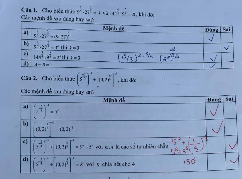 Cho biểu thức 9^(frac 2)5· 27^(frac 2)5=A và 144^(frac 3)4:9^(frac 3)4=B , khi đó:
Các mệnh đề sau đúng hay sa
Câu 2. Cho biểu thức (5^(frac -2)3)^-3+[(0,2)^ 3/5 ]^-5 , khi đó: