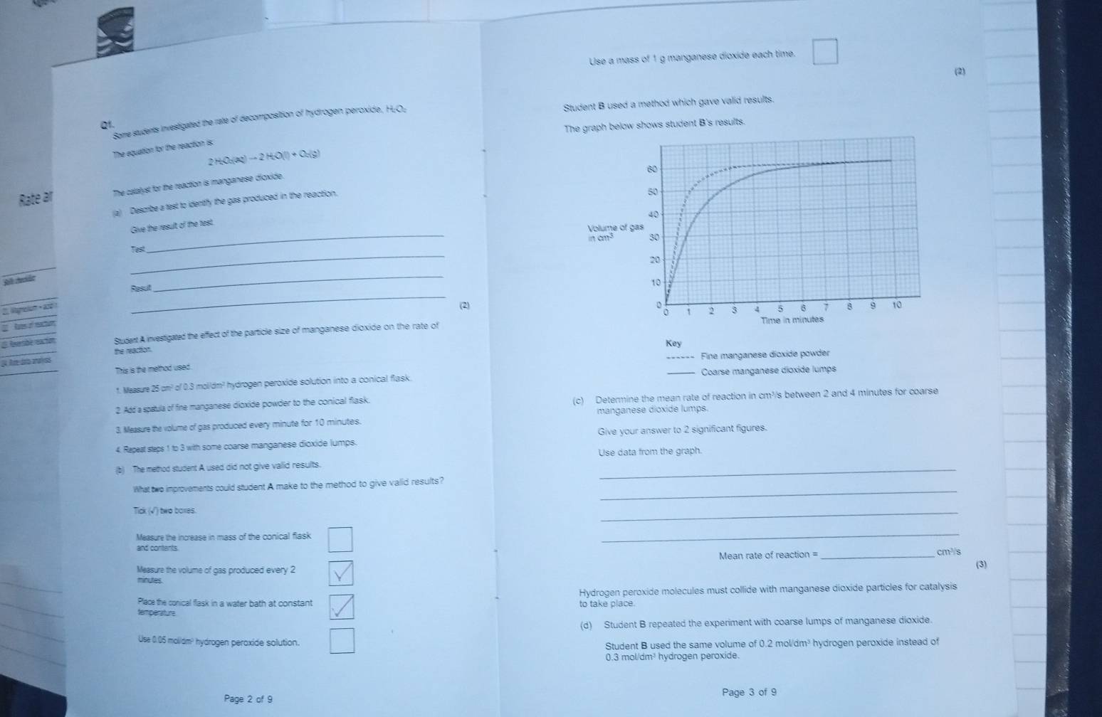 Use a mass of 1 g manganese dioxide each time.
(2)
Student B used a method which gave valid results.
Some students investigated the rate of decomposition of hydrogen peroxide, H.Ou
Q1.
The graph below shows student B's results.
The equation for the reaction is:
2H_2O_2(aq)to 2H_2O(l)+O_4(g)
Rate ar The calalyst for the reaction is manganese dioxide.
(a) Describe a test to identify the gas produced in the reaction.
_
Give the result of the tast.
_
Tes!
Aã tốc
_
_
Rasut
(2)
lgrelón   ó 
S Aeridé eación Student A investigated the effect of the particle size of manganese dioxide on the rate of
the reaction. Key
Fine manganese díoxide powder
This is the method used
1. Measure 25 om² of 0.3 mol/dm? hydrogen peroxide solution into a conical flask. _Coarse manganese dioxide lumps
2 Add a spatula of fine manganese dioxide powder to the conical flask. (c) Determine the mean rate of reaction in cm³/s between 2 and 4 minutes for coarse
3. Measure the volume of gas produced every minute for 10 minutes. manganese dioxide lumps.
4. Repeat steps 1 to 3 with some coarse manganese dioxide lumps. Give your answer to 2 significant figures.
Use data from the graph.
(b) The method student A used did not give valid results.
_
_
What two improvements could student A make to the method to give valid results?
Tick (√) two bores
_
Measure the increase in mass of the conical flask
_
and conteants. _cm²/s
Mean rate of reaction =
Measure the volume of gas produced every 2 (3)
minutes
Place the conical flask in a water bath at constant Hydrogen peroxide molecules must collide with manganese dioxide particles for catalysis
temperature
(d) Student B repeated the experiment with coarse lumps of manganese dioxide.
Use (.05 molidm? hydrogen peroxide solution.
Student B used the same volume of 0.2 mol/dm³ hydrogen peroxide instead of
0.3 mol/dm¹ hydrogen peroxide.
Page 2 of 9 Page 3 of 9