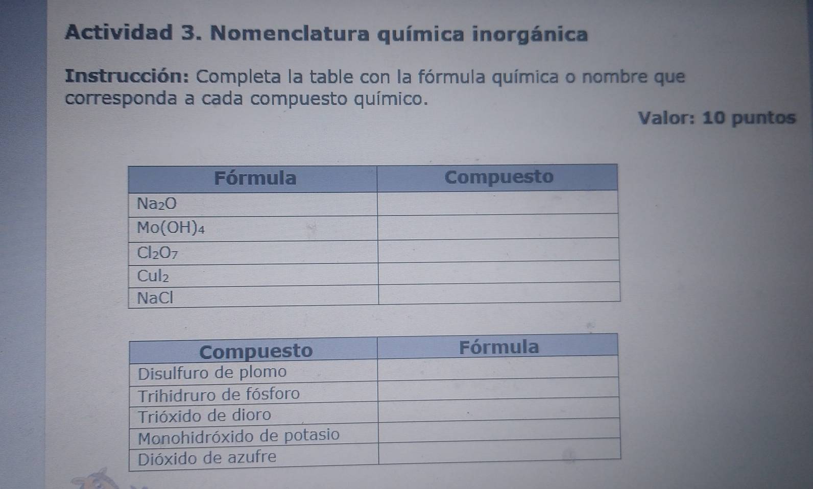 Actividad 3. Nomenclatura química inorgánica
Instrucción: Completa la table con la fórmula química o nombre que
corresponda a cada compuesto químico.
Valor: 10 puntos