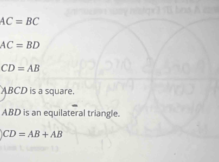 AC=BC
AC=BD
CD=AB
ABCD is a square.
ABD is an equilateral triangle.
CD=AB+AB