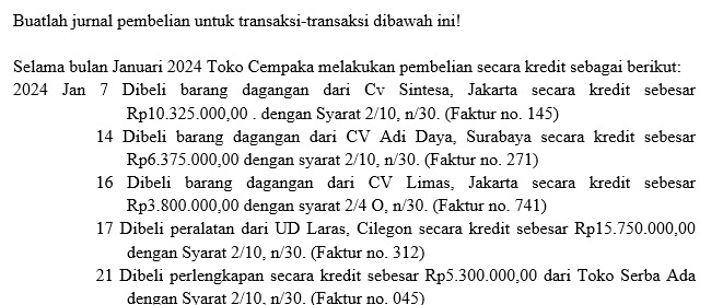 Buatlah jurnal pembelian untuk transaksi-transaksi dibawah ini! 
Selama bulan Januari 2024 Toko Cempaka melakukan pembelian secara kredit sebagai berikut: 
2024 Jan 7 Dibeli barang dagangan dari Cv Sintesa, Jakarta secara kredit sebesar
Rp10.325.000,00. dengan Syarat 2/10, n/30. (Faktur no. 145) 
14 Dibeli barang dagangan dari CV Adi Daya, Surabaya secara kredit sebesar
Rp6.375.000,00 dengan syarat 2/10, n/30. (Faktur no. 271) 
16 Dibeli barang dagangan dari CV Limas, Jakarta secara kredit sebesar
Rp3.800.000,00 dengan syarat 2/4 O, n/30. (Faktur no. 741) 
17 Dibeli peralatan dari UD Laras, Cilegon secara kredit sebesar Rp15.750.000,00
dengan Syarat 2/10, n/30. (Faktur no. 312) 
21 Dibeli perlengkapan secara kredit sebesar Rp5.300.000,00 dari Toko Serba Ada 
dengan Svarat 2/10. n/30. (Faktur no. 045)