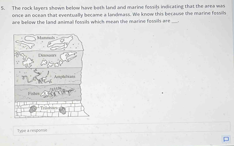 The rock layers shown below have both land and marine fossils indicating that the area was 
once an ocean that eventually became a landmass. We know this because the marine fossils 
are below the land animal fossils which mean the marine fossils are _. 
Type a response