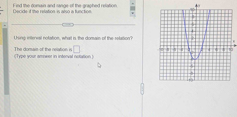 Find the domain and range of the graphed relation. 
Decide if the relation is also a function. 
Using interval notation, what is the domain of the relation?
x
The domain of the relation is □ . 0
(Type your answer in interval notation.)