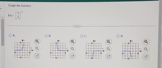 Graph the function
f(x)=( 1/5 )^x
A. 
B. 
C. 
D.