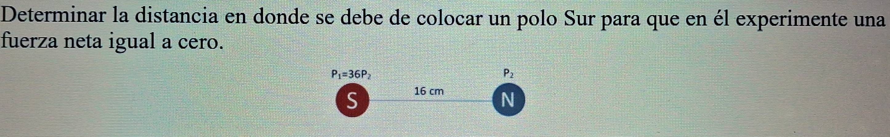 Determinar la distancia en donde se debe de colocar un polo Sur para que en él experimente una 
fuerza neta igual a cero.
P_1=36P j
P_2
S
16 cm
N