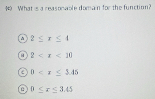 What is a reasonable domain for the function?
A 2≤ x≤ 4
B 2
C 0
D 0≤ x≤ 3.45