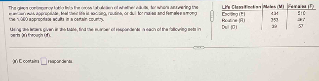 The given contingency table lists the cross tabulation of whether adults, for whom answering the 
question was appropriate, feel their life is exciting, routine, or dull for males and females among 
the 1,860 appropriate adults in a certain country. 
Using the letters given in the table, find the number of respondents in each of the following sets in 
parts (a) through (d). 
(a) E contains □ respondents.