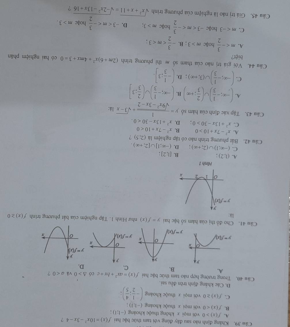 Khẳng định nào sau đây đủng với tam thức bậc hai f(x)=10x^2-3x-4 ?
A. f(x)>0 với mọi x không thuộc khoảng (-1;1) :
B. f(x)<0</tex> với mọi x thuộc khoảng (-1;1)
C. f(x)≥ 0 với mọi x thuộc khoảng (- 1/2 ; 4/5 );
D. Các khẳng định trên đều sai.
Câu 40. Trong trường hợp nào tam thức bậc hai f(x)=ax^2+bx+c có △ >0 và a<0</tex> ?
A.
B.
C.
D.
y=f(x)
Câu 41. Cho đồ thị của hàm số bậc hai y=f(x) như Hình 1. Tập nghiệm của bất phương trình f(x)≥ 0
là:
Hình 1
A. (1;2) :
B. [1;2]
C. (-∈fty ;1)∪ (2;+∈fty ); D. (-∈fty ;1]∪ [2;+∈fty ).
Cầu 42. Bất phương trình nào có tập nghiệm là (2;5) ?
A. x^2-7x+10>0 B. x^2-7x+10<0</tex>
C. x^2+13x-30>0; D. x^2+13x-30<0.
Câu 43. Tập xác định của hàm số y= 1/sqrt(9x^2-3x-2) +sqrt(3-x) là:
A. (-∈fty ;- 1/3 ) a ( 2/3 ;+∈fty ) B. (-∈fty ;- 1/3 )∪ ( 2/3 ;3]
C. (-∈fty ;- 1/3 )∪ (3;+∈fty ). D. (- 1/3 ;3].
Câu 44. Với giá trị nào của tham số m thì phương trình (2m+6)x^2+4mx+3=0 có hai nghiệm phân
biệt?
A. m<- 3/2  hoặc m>3; B. - 3/2 
C. m hoặc -3 hoặc m>3. D. -3 hoặc m>3.
Câu 45. Giá trị nào là nghiệm của phương trình sqrt(x^2+x+11)=sqrt(-2x^2-13x+16) ?