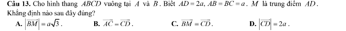 Cho hình thang ABCD vuông tại A và B. Biết AD=2a, AB=BC=a. M là trung điểm AD.
Khẳng định nào sau đây đúng?
A. |vector BM|=asqrt(3). B. vector AC=vector CD. C. vector BM=vector CD. D. |vector CD|=2a.