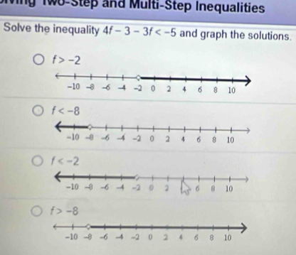 Ming TWo-Step and Multi-Step Inequalities
Solve the inequality 4f-3-3f and graph the solutions.
f>-2