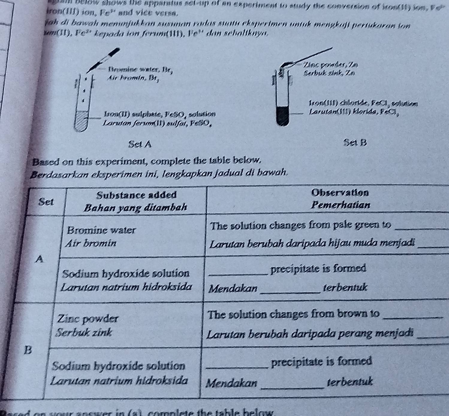 am below shows the apparatus set-up of an experiment to study the conversion of kon(it) ion Fe 
iron(III) ion, Fe^(3+) and vice versa. 
jah di bawah menunjukkan susunan radas suatu ekspertmen untuk menzkaji pertukaran ion 
ho(11), Fe^(2+) kepada ion ferum(111). Fe'' dan sebaliknya. 
Bromine water, 1 Ir
4 Air bromin, Br_2
Iron(II) sulphate, FeSO, solution 
Larutan ferum(11) sulfai, FeSO, 
Set A Set B 
Based on this experiment, complete the table below. 
Berdasarkan eksperimen ini, lengkapkan jadual di bawah. 
wr a nswer in (a) complete the table below .